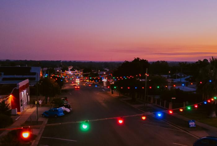 Aerial view of East Street, Narrandera at sunset