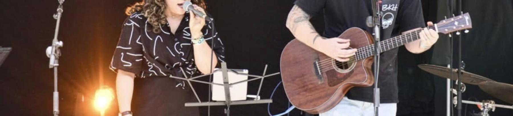 Musical duo, Double Shot, on stage