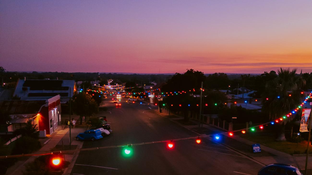 Aerial view of East Street, Narrandera at sunset
