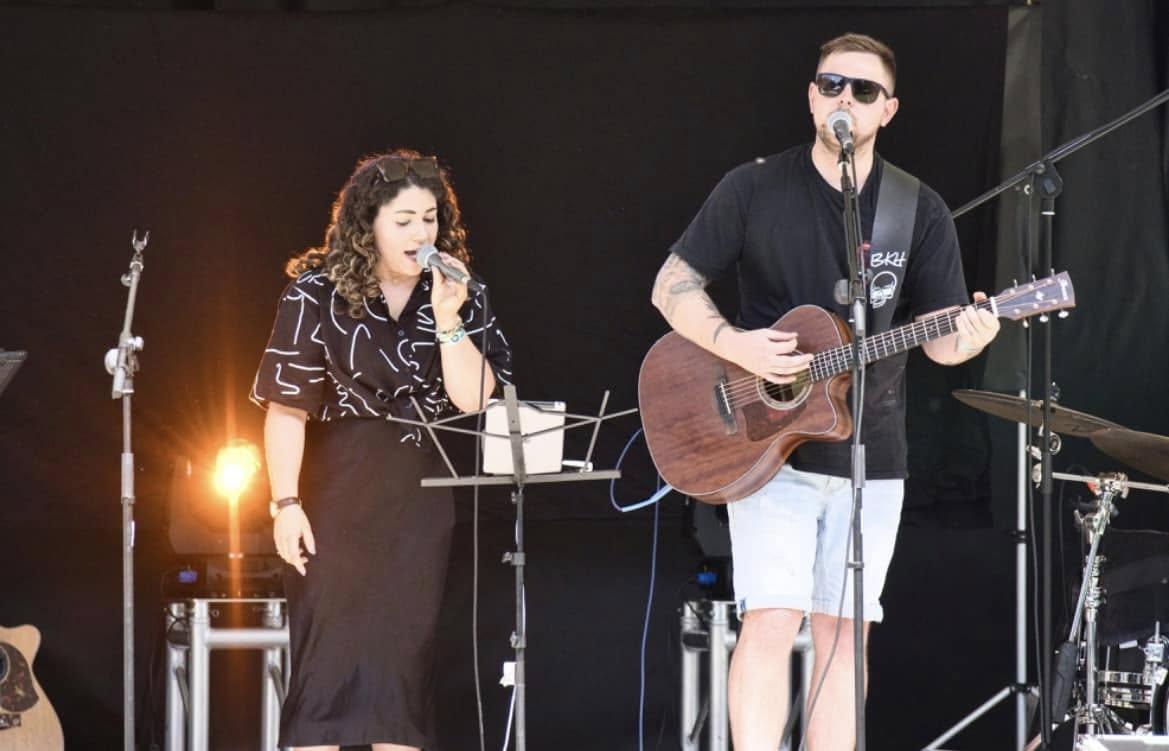 Musical duo, Double Shot, on stage