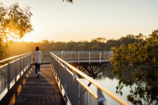 Woman on the Narrandera SkyWalk at Sunrise. Photo by Grant Hardwick